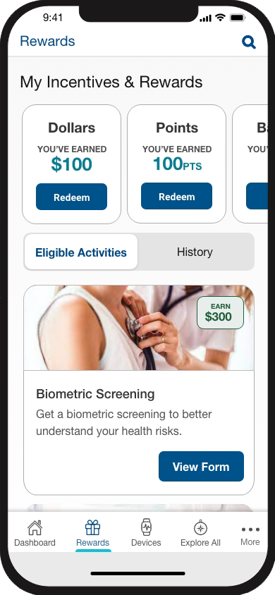 Rewards page for wellness mobile app