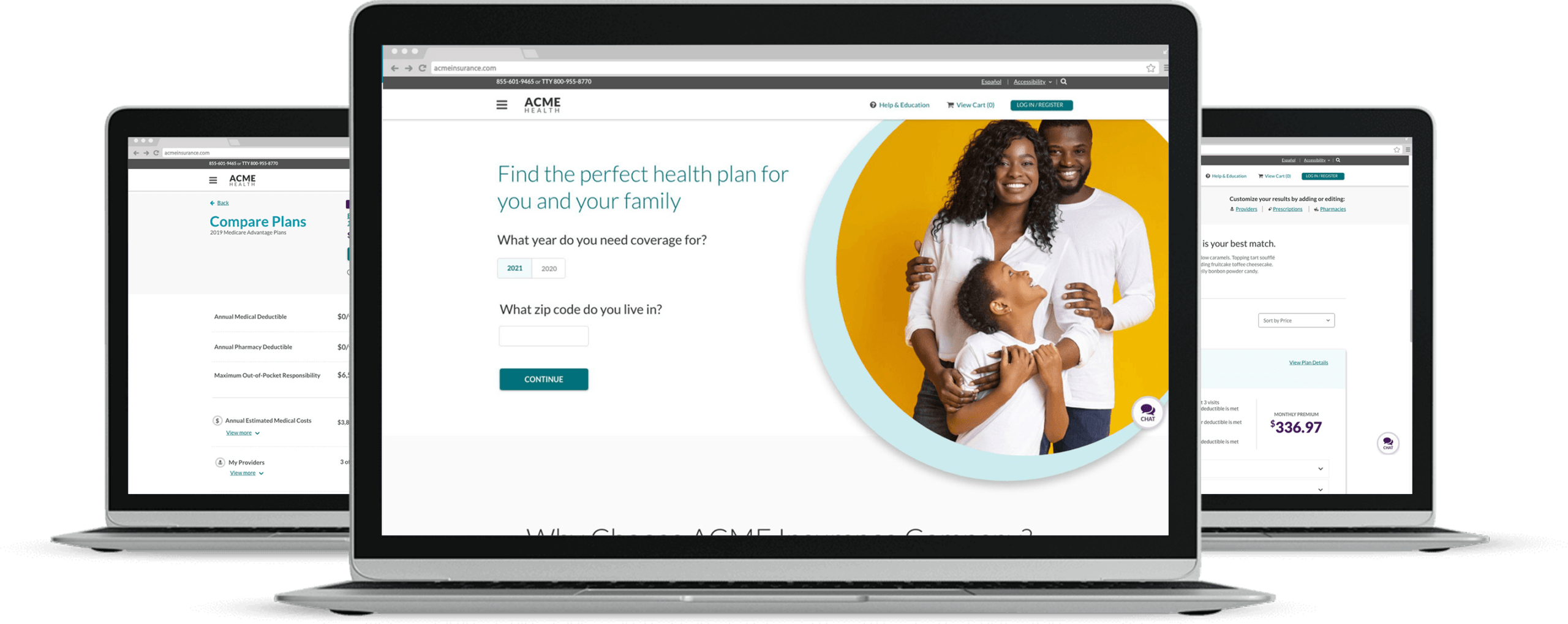 Health insurance sales tool designs showing landing page, compare plan page, and plan list page